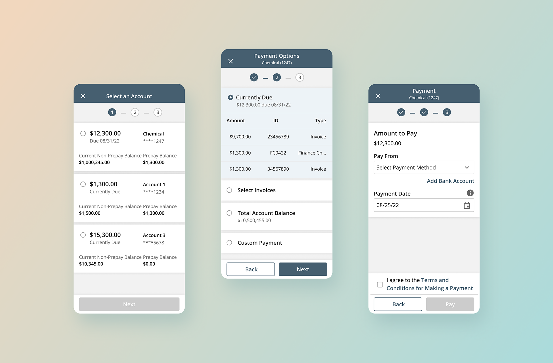 Three-step payment flow: account selection, balance, and payment confirmation